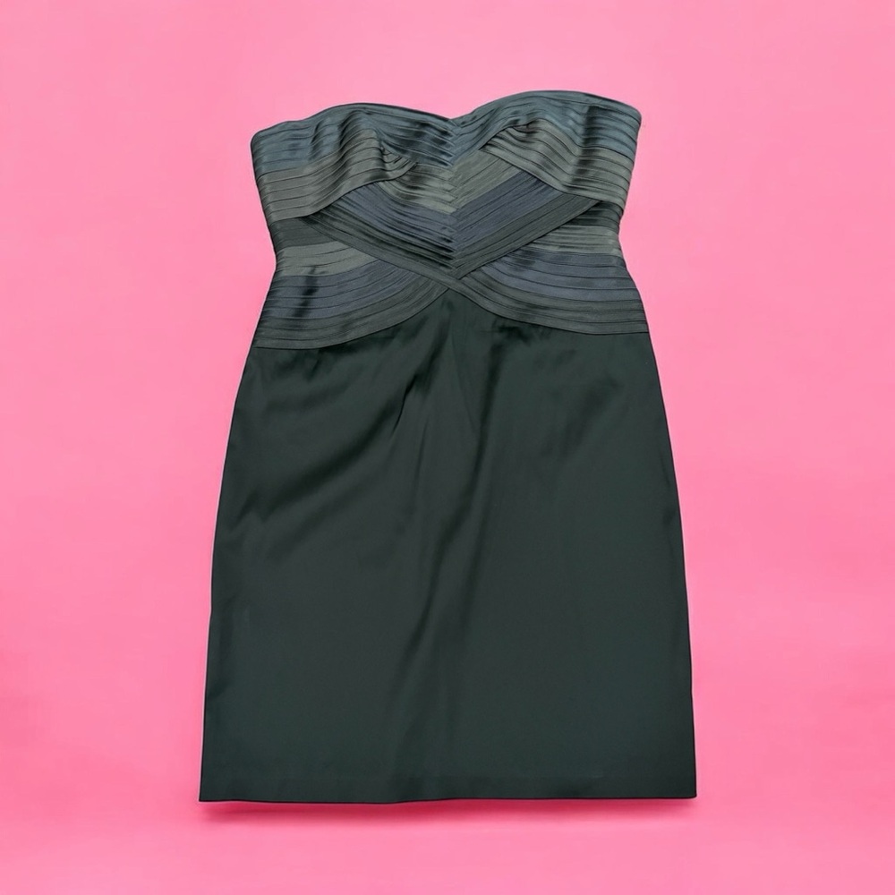 BCBGMaxAzria Strapless Black Satin Cocktail Dress with Textured Bodice Size 10